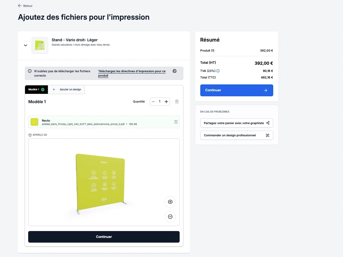 Interface d’ajout de fichiers pour l’impression – un fichier recto a été téléchargé et un aperçu 3D du visuel est affiché.