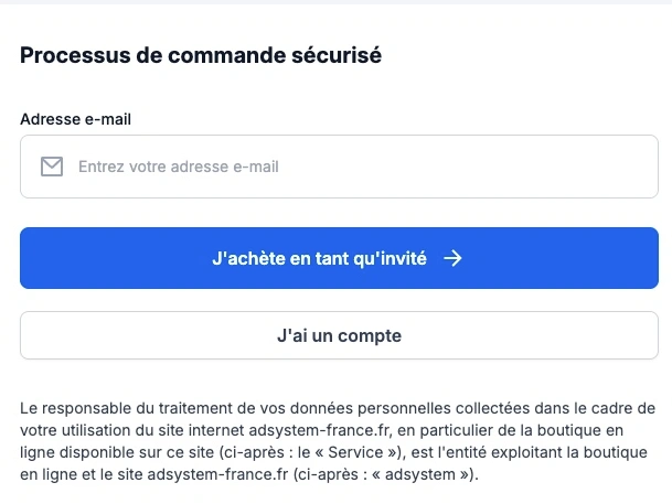 Formulaire de commande sécurisé sur adsystem-france.fr avec options d'achat en tant qu'invité ou via un compte utilisateur.