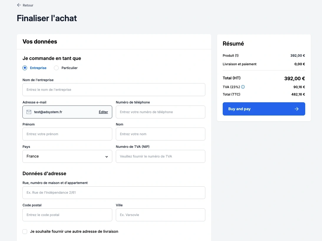 Formulaire de finalisation de commande sur le site adsystem – l’utilisateur saisit ses données d’entreprise et peut valider l’achat avec le bouton Buy and pay’