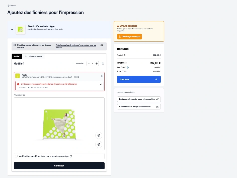 Écran d’ajout de fichiers pour l’impression – une erreur est signalée car le fichier ne respecte pas les lignes directrices et les dimensions sont incorrectes.