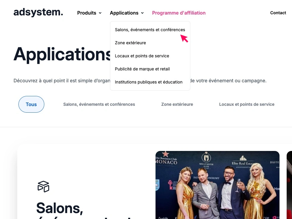 Menu du site adsystem avec la section Applications ouverte – l’utilisateur survole la catégorie Salons, événements et conférences.