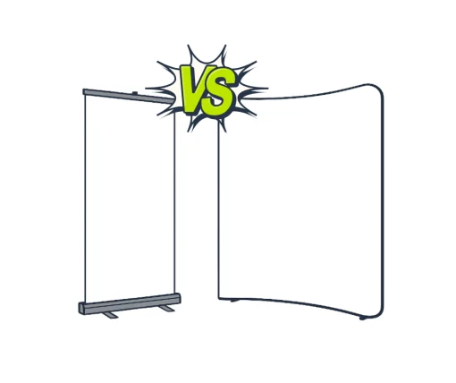 Ilustracja porownujaca roll-up i scianke reklamowa – wizualne zestawienie dwoch systemow wystawienniczych z napisem VS posrodku.