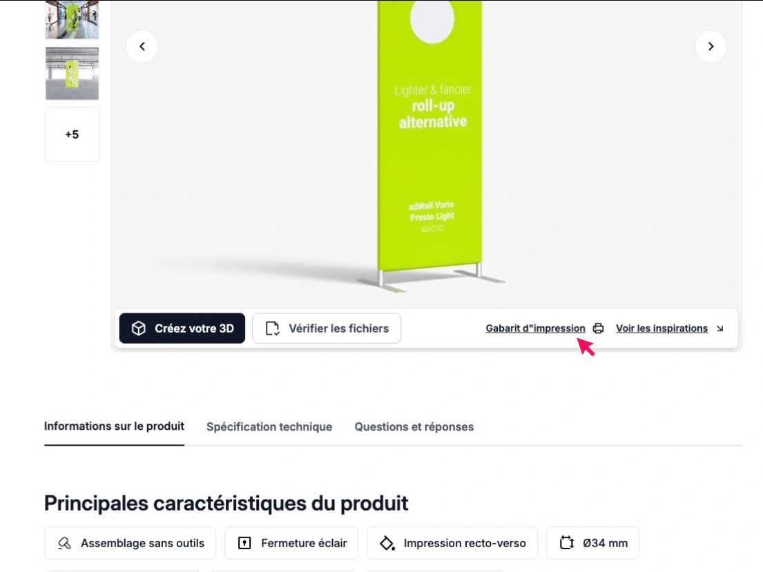 Page produit avec bouton Gabarit d’impression en surbrillance – permet de télécharger le modèle pour préparer correctement les fichiers d’impression.