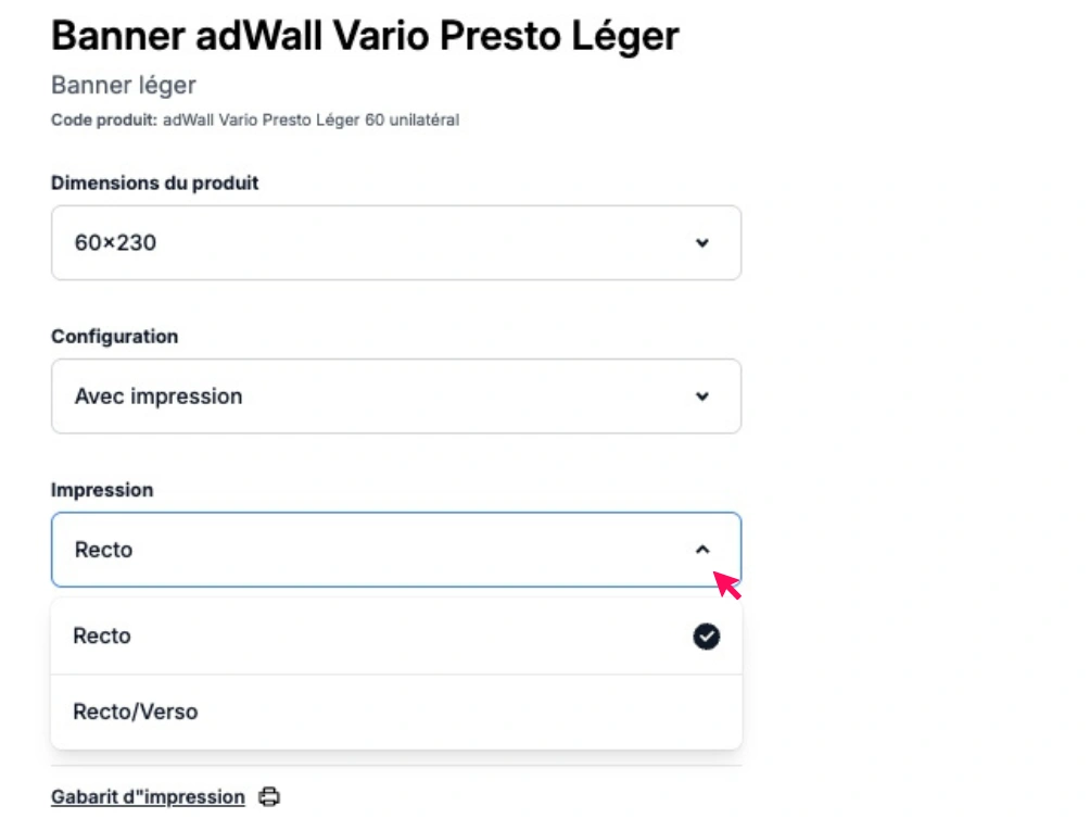 Sélection des options d’impression pour le banner adWall Vario Presto Léger – l’utilisateur choisit entre recto et recto/verso.