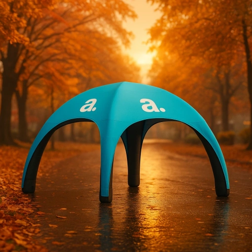 Tenda publicitária azul tipo “aranha” adsystem colocada num parque outonal, com folhas douradas molhadas e caminho ao fundo