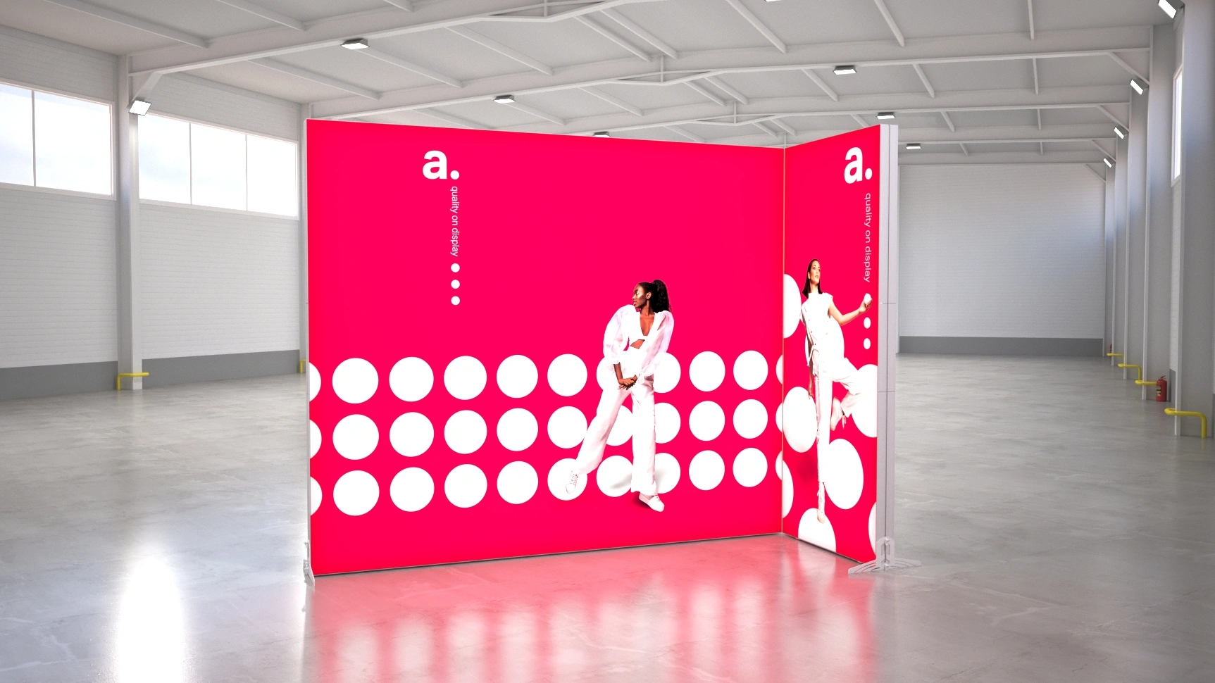 Podświetlane kasetony tekstylne w układzie narożnym jako efektowne materiały promocyjne na targi i do showroomów.