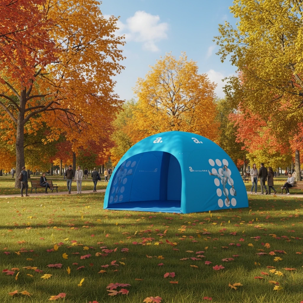 Jesienny park z namiotem reklamowym adsystem w żywych kolorach oraz spacerującymi ludźmi w kurtkach, prezentacja namiotu podczas plenerowego eventu jesienią.