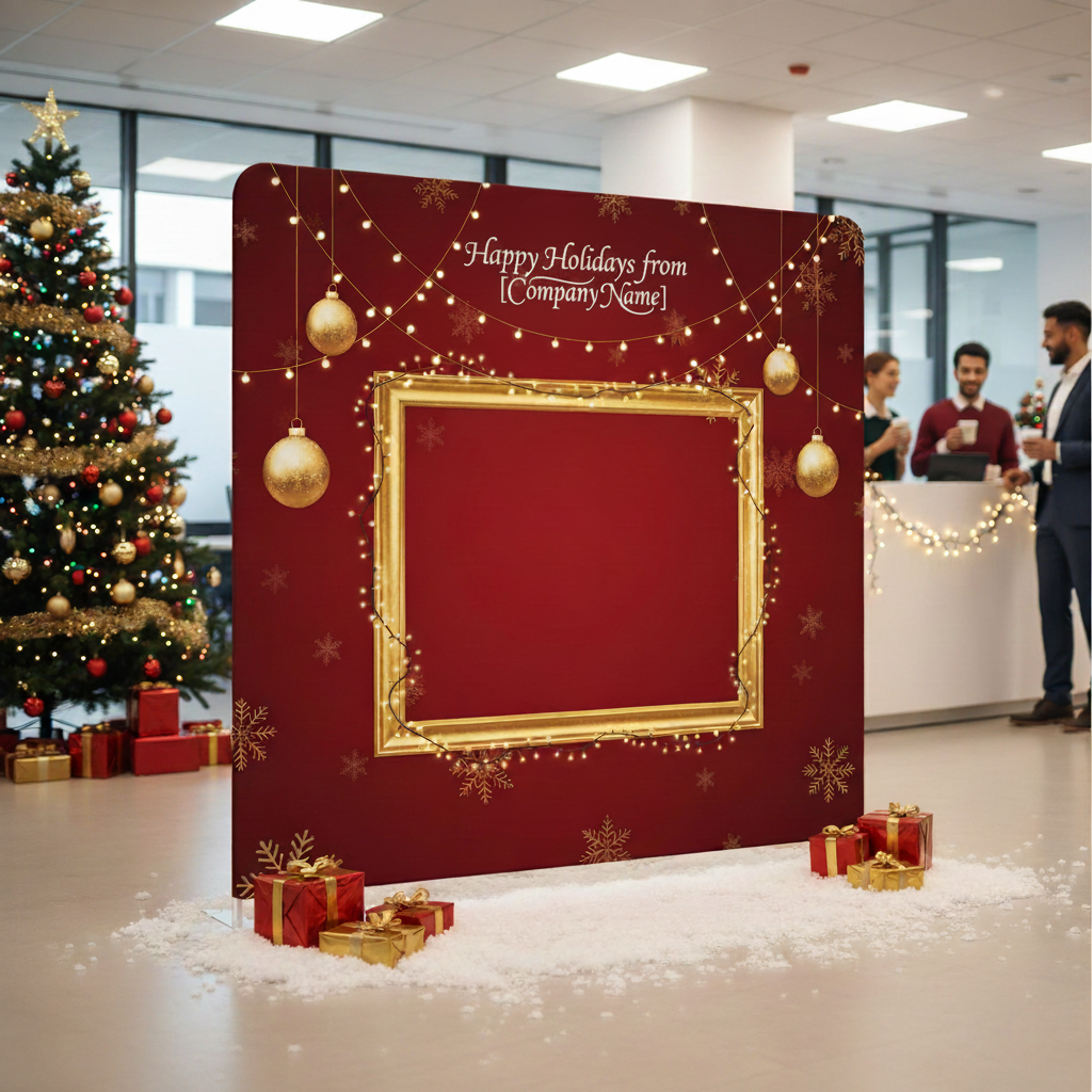 Świąteczna ścianka reklamowa w biurze, w czerwono-złotej stylistyce z napisem „Happy Holidays from [CompanyName]”, obok choinki i recepcji udekorowanej lampkami. Na podłodze sztuczny śnieg i prezenty.