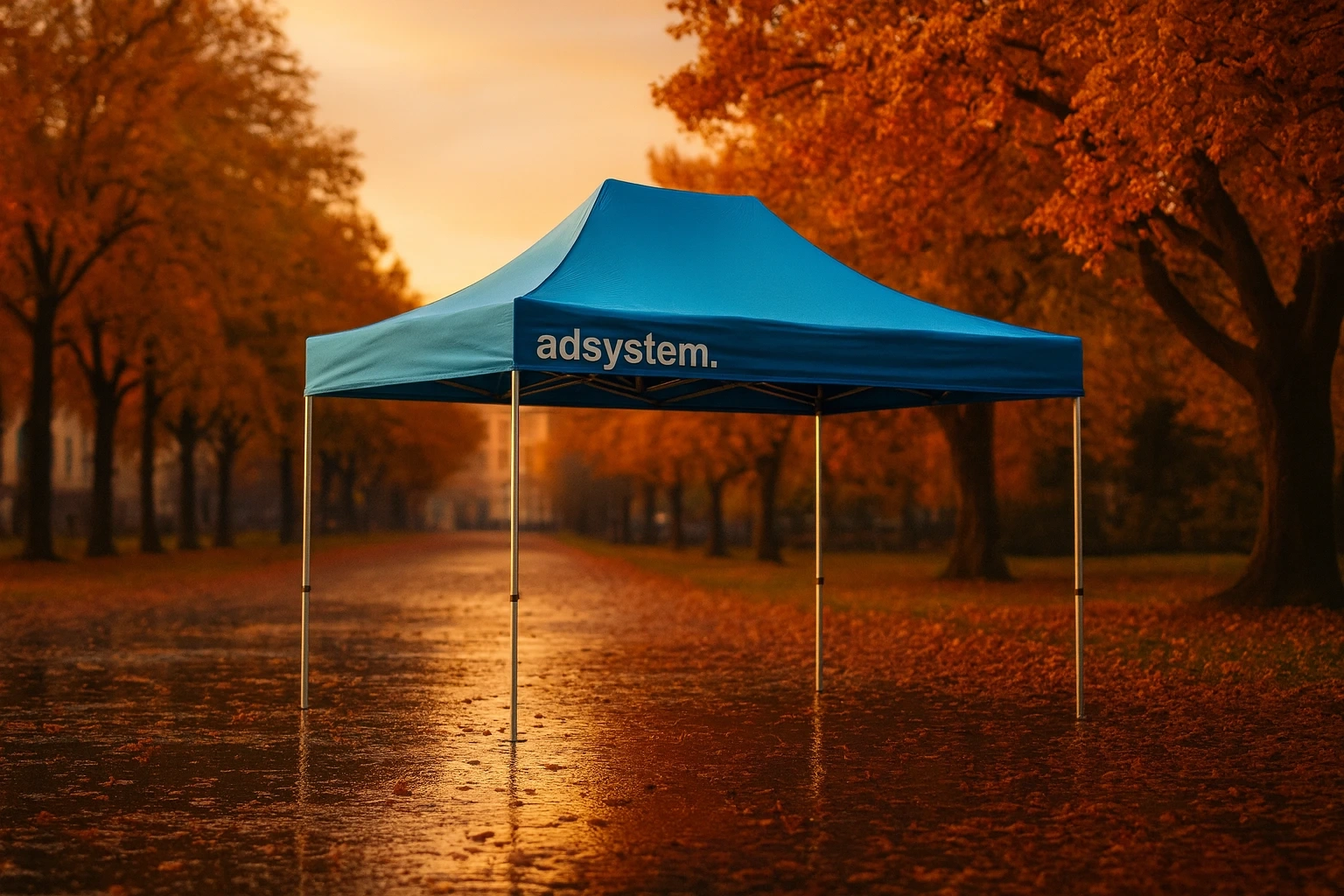 Niebieski namiot ekspresowy adsystem ustawiony w jesiennym parku na mokrej alejce, otoczony drzewami z pomarańczowymi liśćmi.