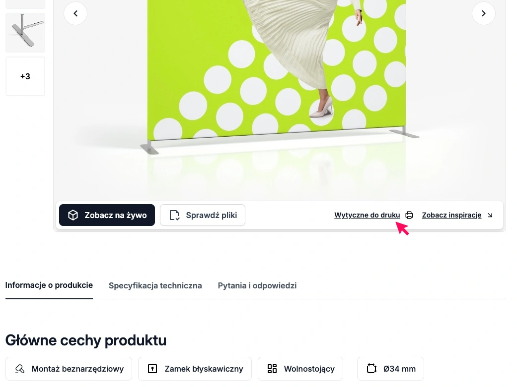 Widok przycisku Wytyczne do druku na stronie produktu – krok do pobrania szablonu PDF.