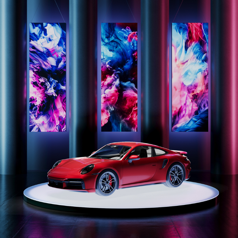 Ścianka reklamowa z grafiką motoryzacyjną – zastosowanie systemów adsystem w prezentacji pojazdów