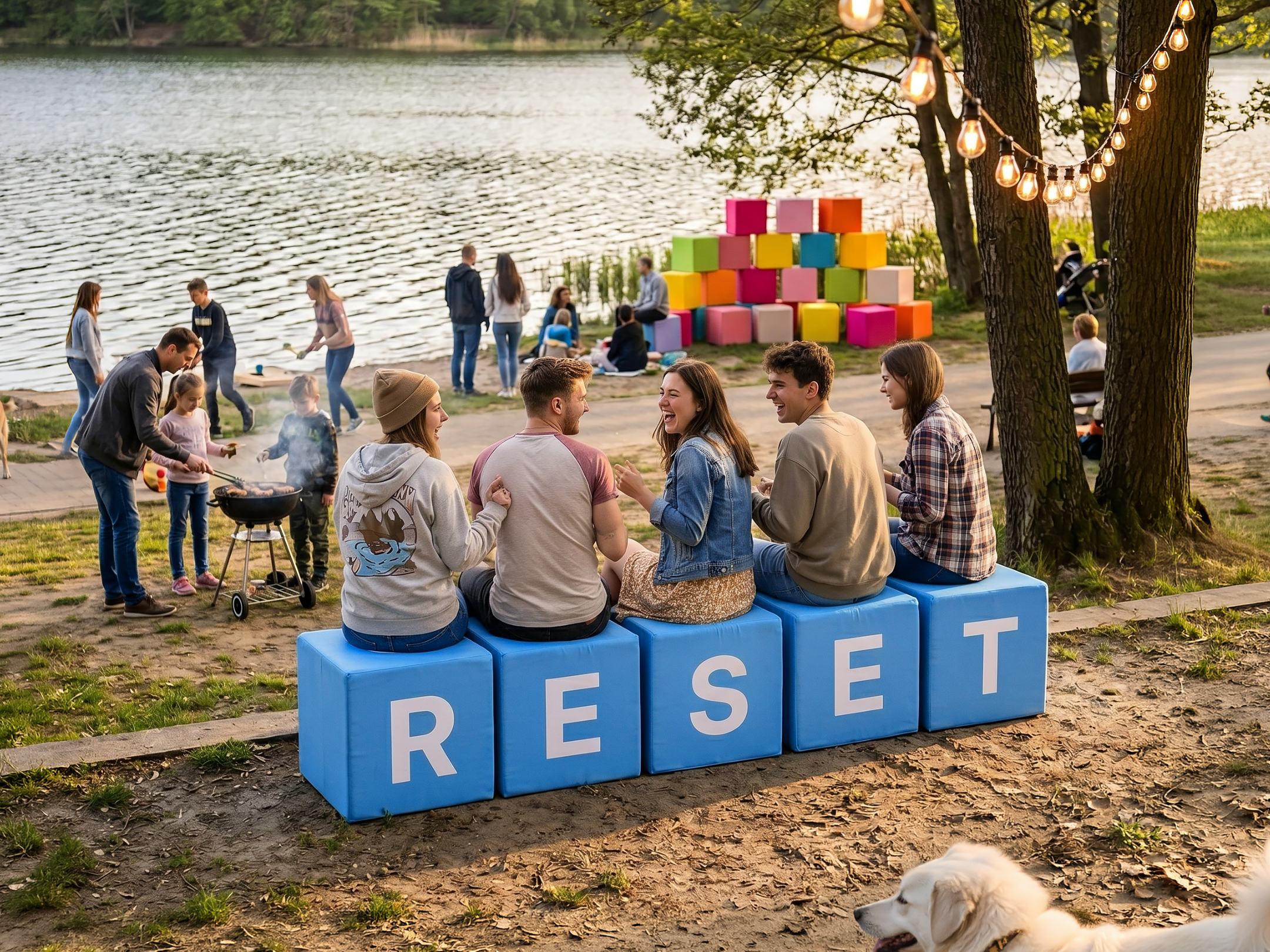 Uczestnicy festiwalu siedzący na kostkach reklamowych