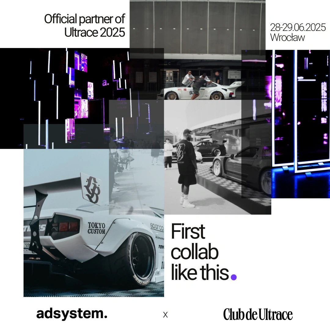 Square visual for the Ultrace 2025 partnership announcement between adsystem and Club de Ultrace. Features custom cars, illuminated exhibition systems, and the event date: June 28–29, 2025, in Wrocław. Text reads “First collab like this.”