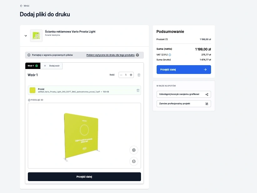 Panel dodawania plików do druku – podgląd ścianki i opcje kontynuowania zamówienia.