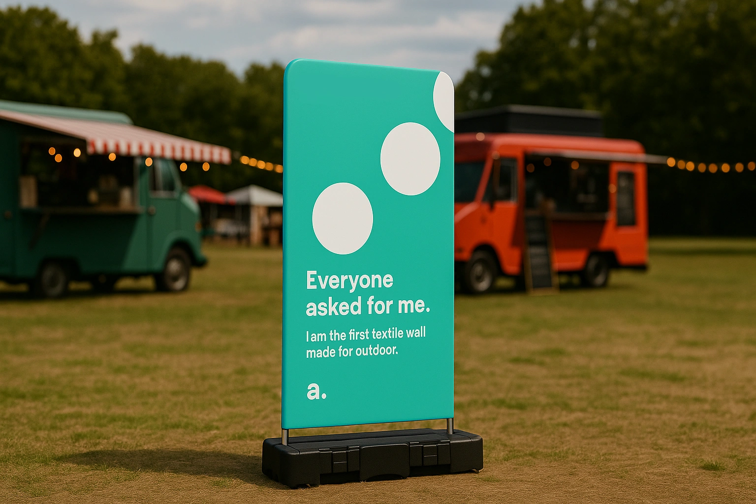 Zewnętrzna ścianka reklamowa adWall Presto Outdoor ustawiona na trawie podczas plenerowego eventu z food truckami w tle.