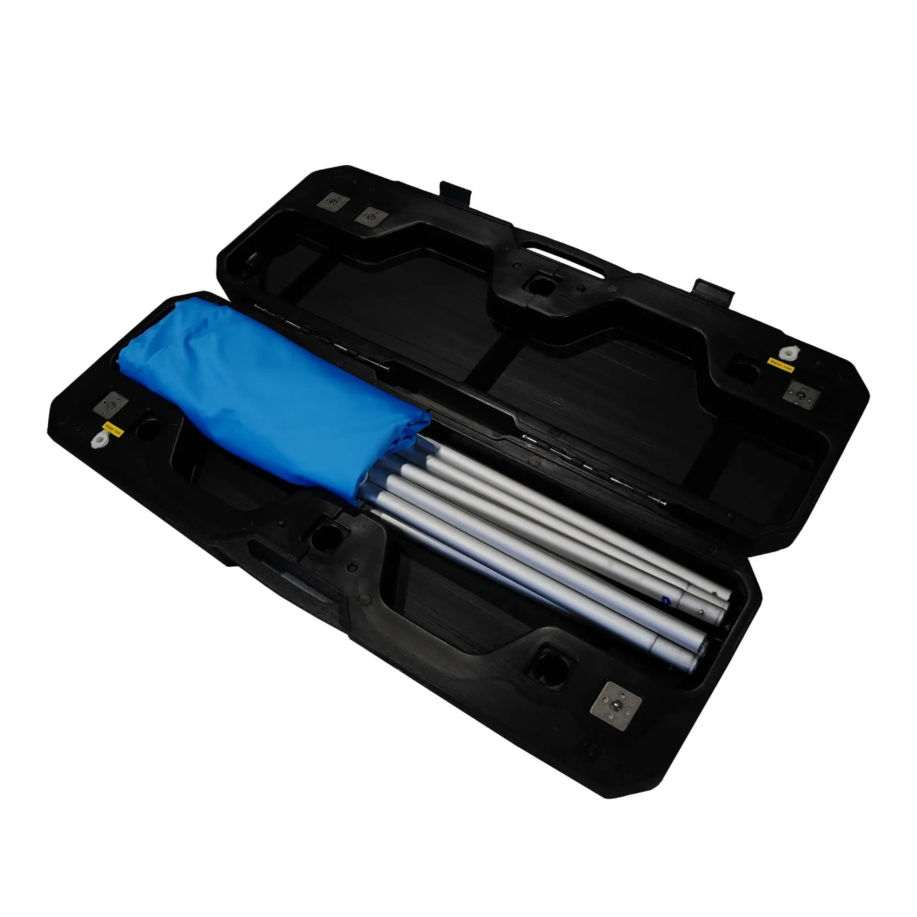 Mobilna ścianka reklamowa zewnętrzna spakowana do walizki transportowej z miejscem na konstrukcję i wydruk.