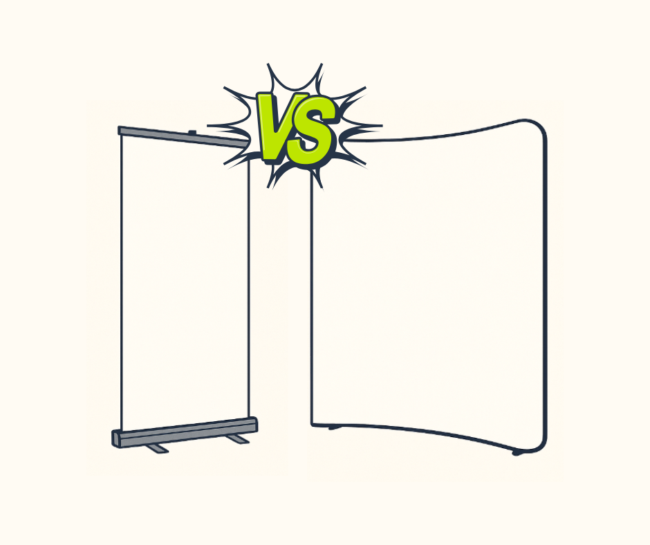 Ilustracja porównująca roll-up i ściankę reklamową – wizualne zestawienie dwóch systemów wystawienniczych z napisem „VS” pośrodku.
