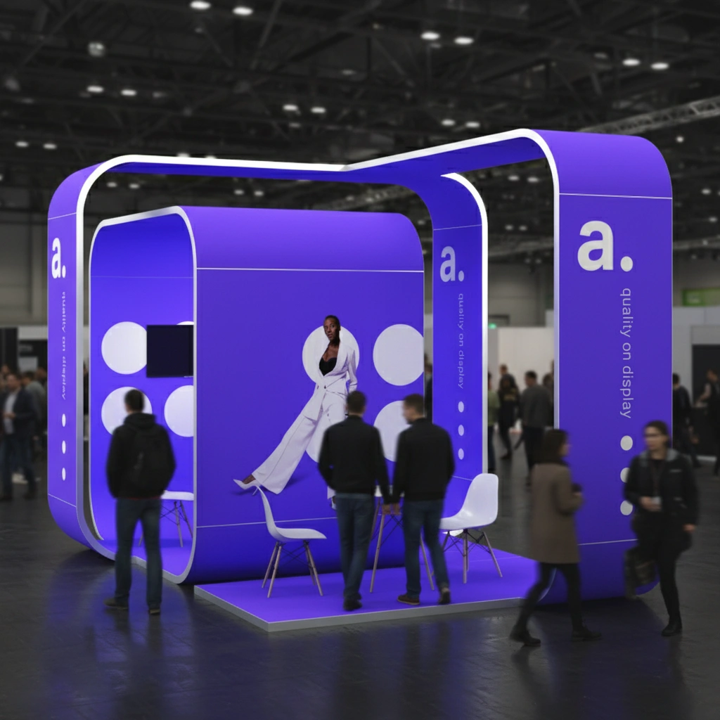 Stand de feira impactante com linhas fluídas e arredondadas e superfícies retroiluminadas