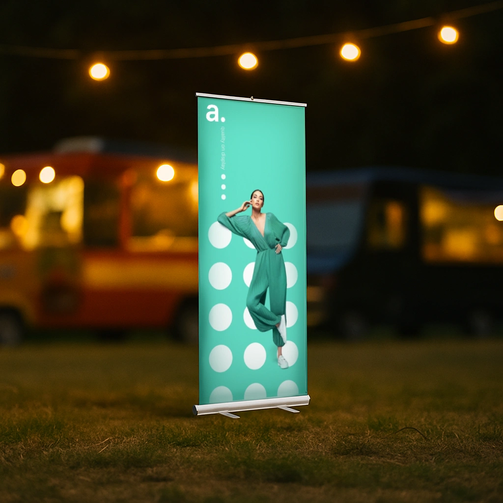 Roll-up reklamowy ustawiony na trawie podczas plenerowego eventu, z food truckami i lampkami w tle.