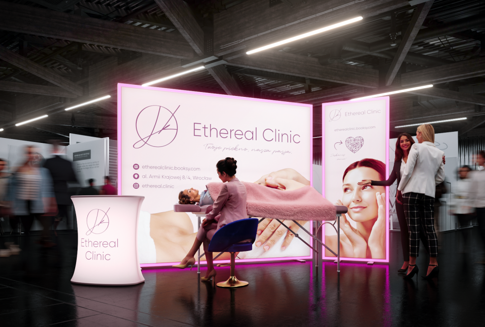 Wizualizacja stoiska z kasetonami i trybunką LED