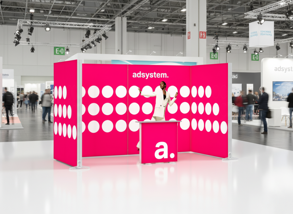 Stoisko targowe adsystem z różowymi panelami i białymi kropkami, na którym osoba prezentuje ofertę przy trybunce z logo „a.”