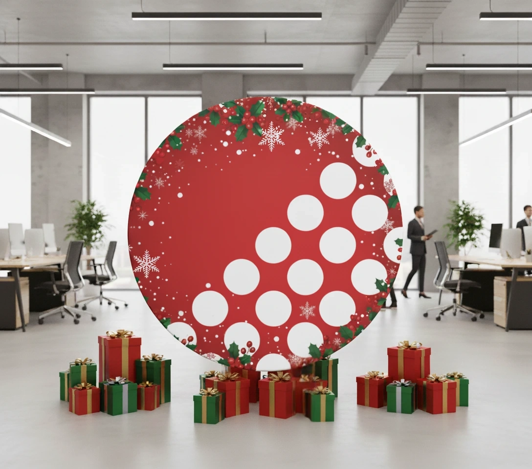 Świąteczna okrągła ścianka w biurze, otoczona prezentami.