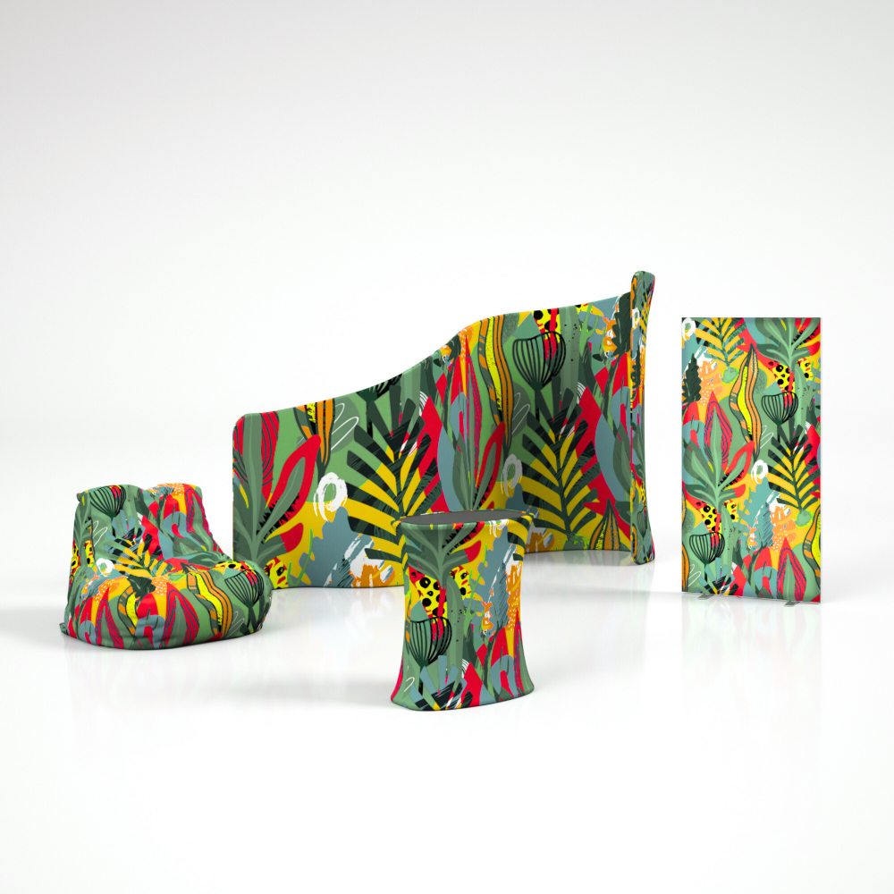 Set de mobiliario publicitario con motivo tropical mostrador paredes textiles y mobiliario outdoor