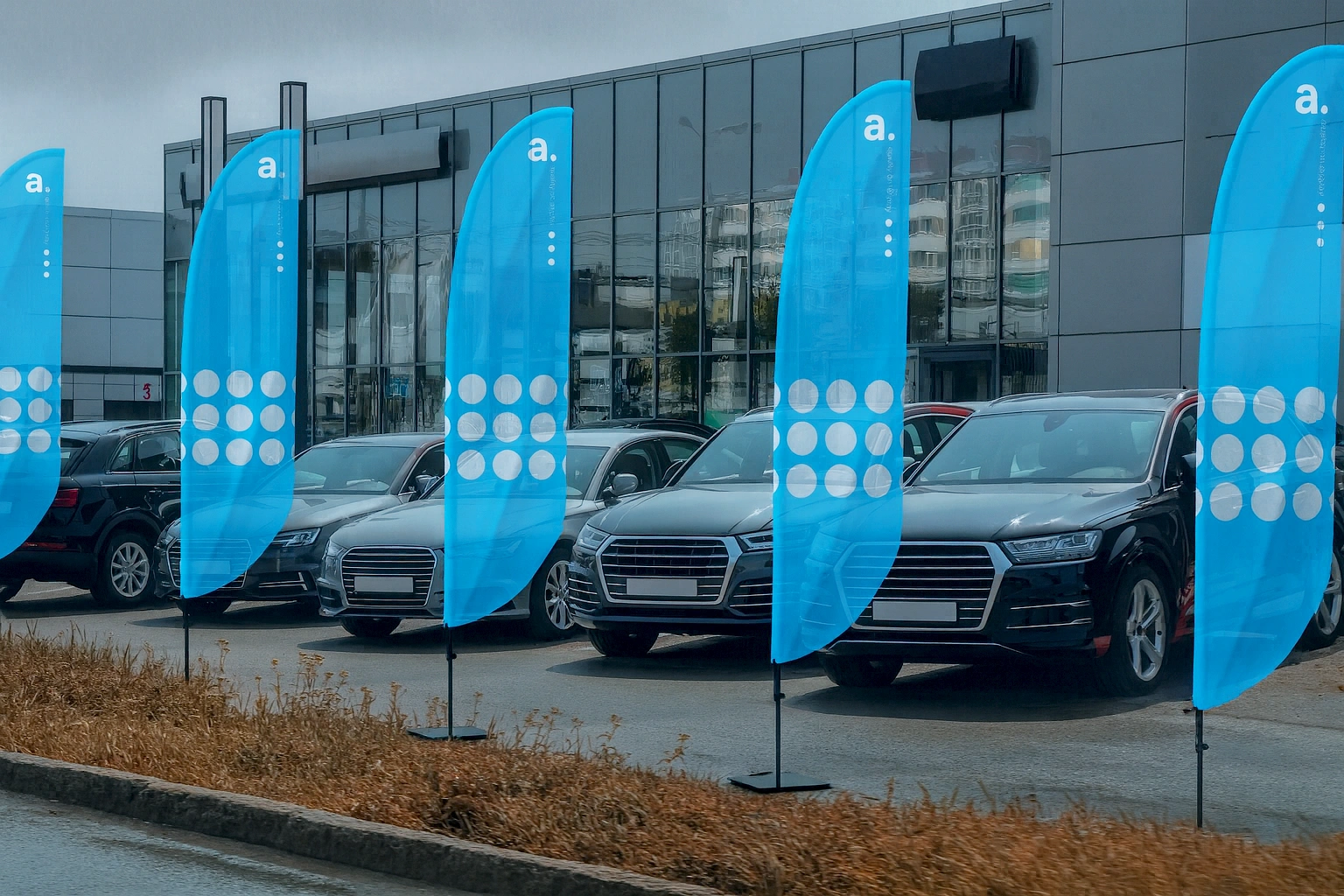 Niebieskie flagi reklamowe z logo adsystem ustawione przed salonem samochodowym.