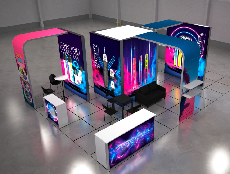 Stoisko targowe z podświetlanymi panelami i futurystyczną grafiką w stylu neonowym, zaprojektowane z myślą o ekspozycji produktów w nowoczesnym otoczeniu.
