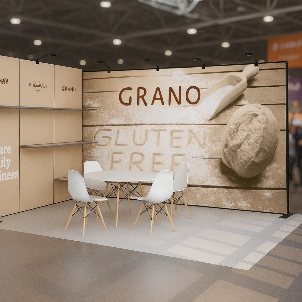 Stoisko targowe marki „Grano” w naturalnej kolorystyce z grafiką chleba i napisem „gluten free”, wyposażone w półki ekspozycyjne oraz stolik z krzesłami do rozmów.