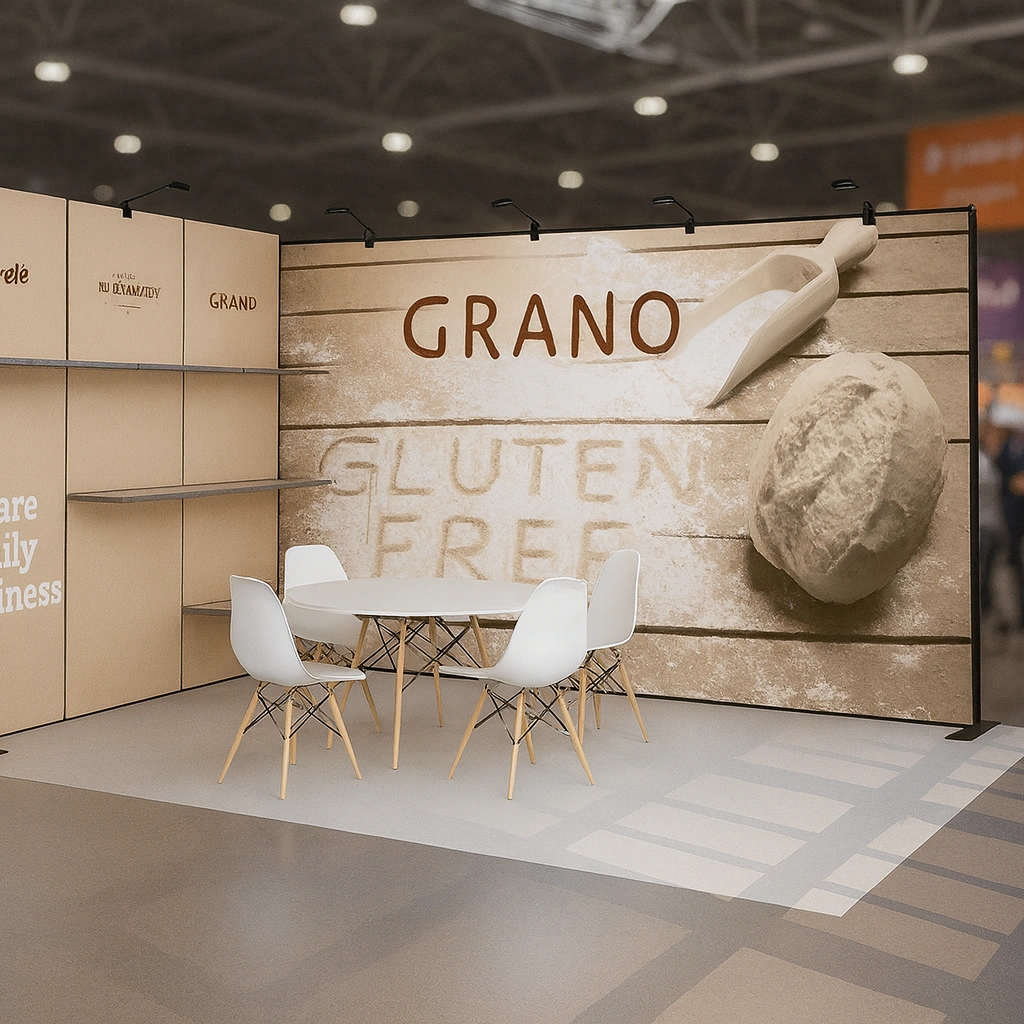 Stoisko targowe marki „Grano” w naturalnej kolorystyce z grafiką chleba i napisem „gluten free”, wyposażone w półki ekspozycyjne oraz stolik z krzesłami do rozmów.