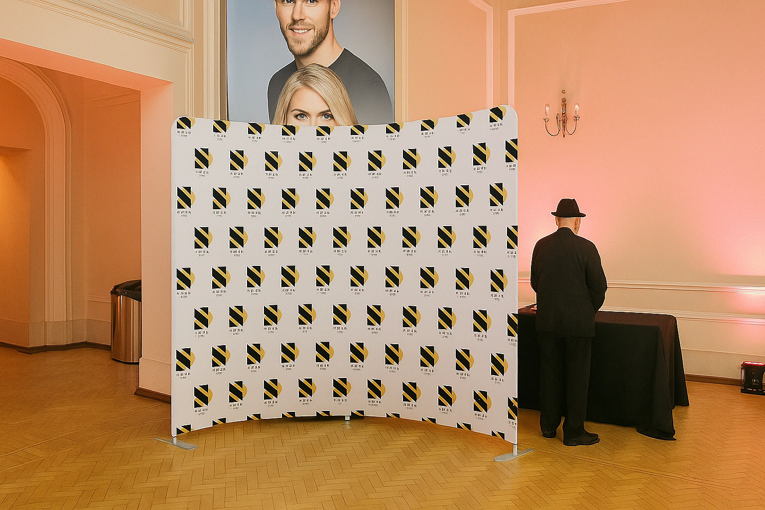 Photocall publicitario curvo con efecto 3D en una sala de eventos elegante, con iluminación cálida y fondo personalizado con logotipos repetidos.