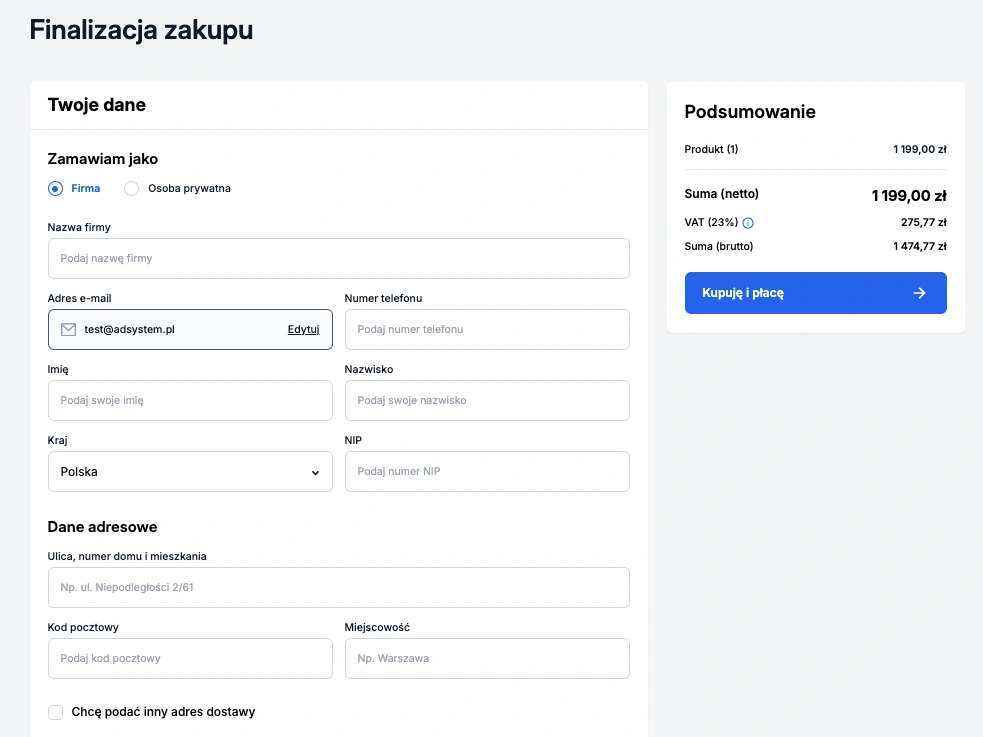 Ekran składania zamówienia – dane klienta i podsumowanie koszyka z przyciskiem do płatności.