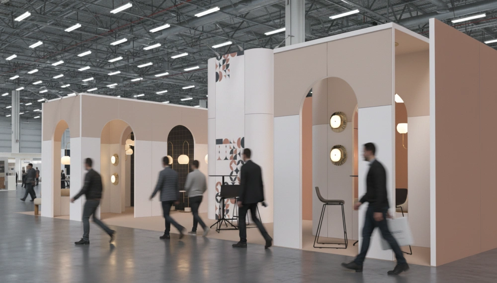 Eleganckie stoisko modułowe z łukowymi przejściami i oświetleniem dekoracyjnym.