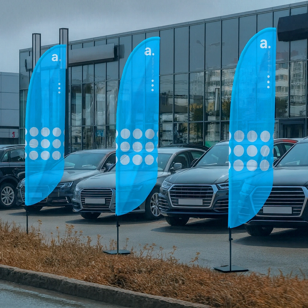 Blue advertising flags with adsystem logo set in front of a car dealership