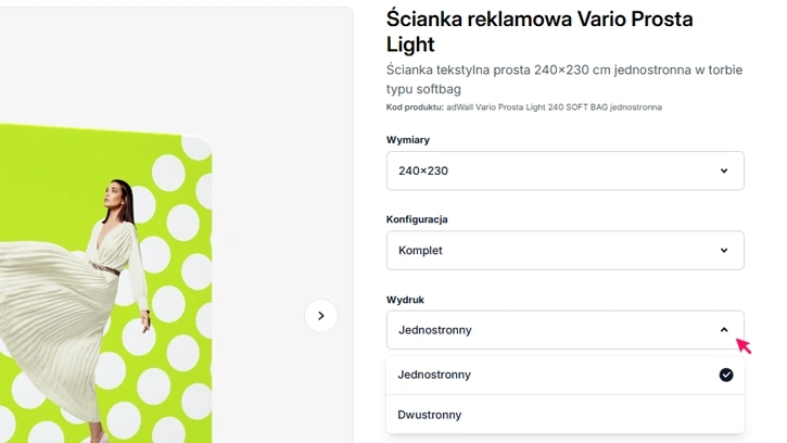 Widok karty produktu na stronie adsystem – konfigurator ścianki reklamowej – wybór wymiarów, zestawu i rodzaju wydruku.