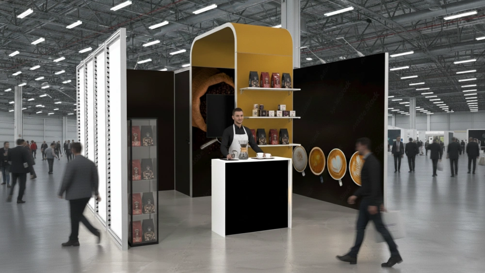 Stoisko modułowe w stylu kawiarnianym z ladą degustacyjną i regałem ekspozycyjnym, stworzone do prezentacji produktów spożywczych i rozmów z odwiedzającymi.