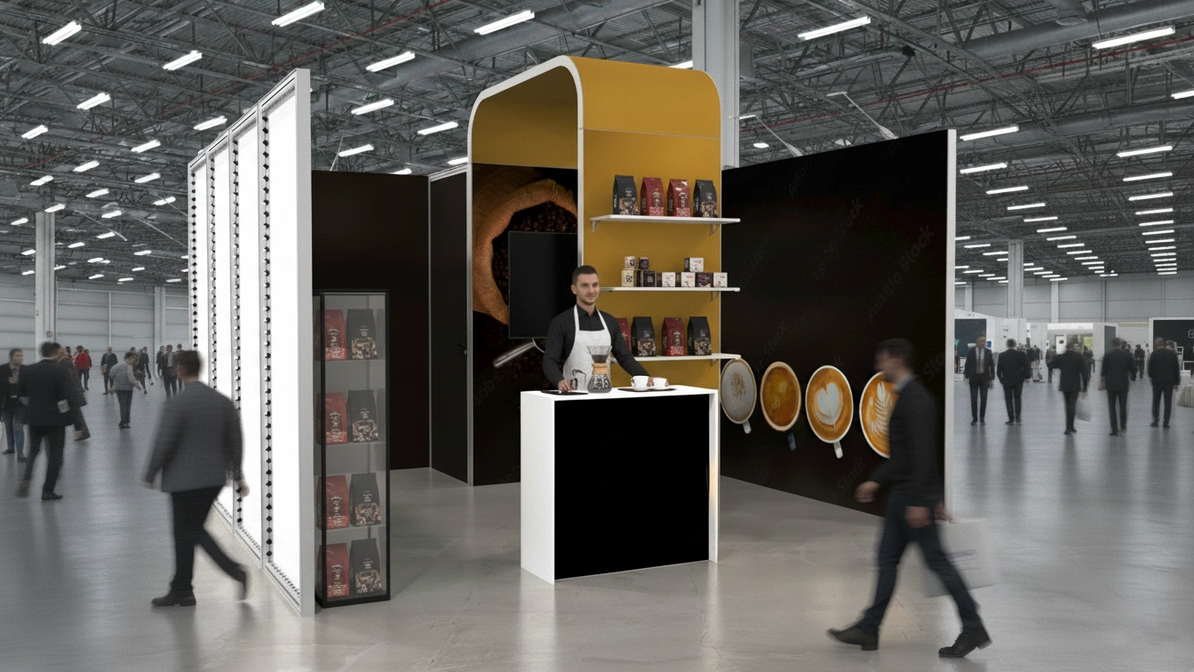 Stoisko modułowe w stylu kawiarnianym z ladą degustacyjną i regałem ekspozycyjnym, stworzone do prezentacji produktów spożywczych i rozmów z odwiedzającymi.