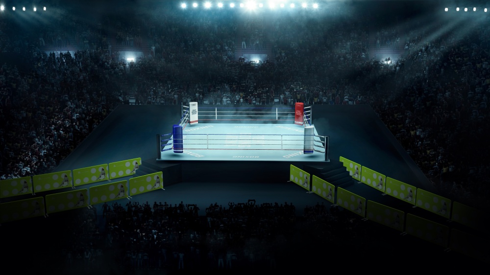 Horyzontalne ścianki reklamowe ustawione obok ringu bokserskiego.