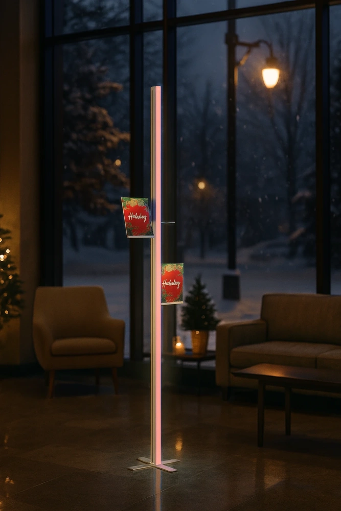 Podświetlany stojak Lumina Stick z różowym światłem w świątecznym lobby hotelowym, z zimową scenerią za oknem i ulotkami w czerwonej oprawie.