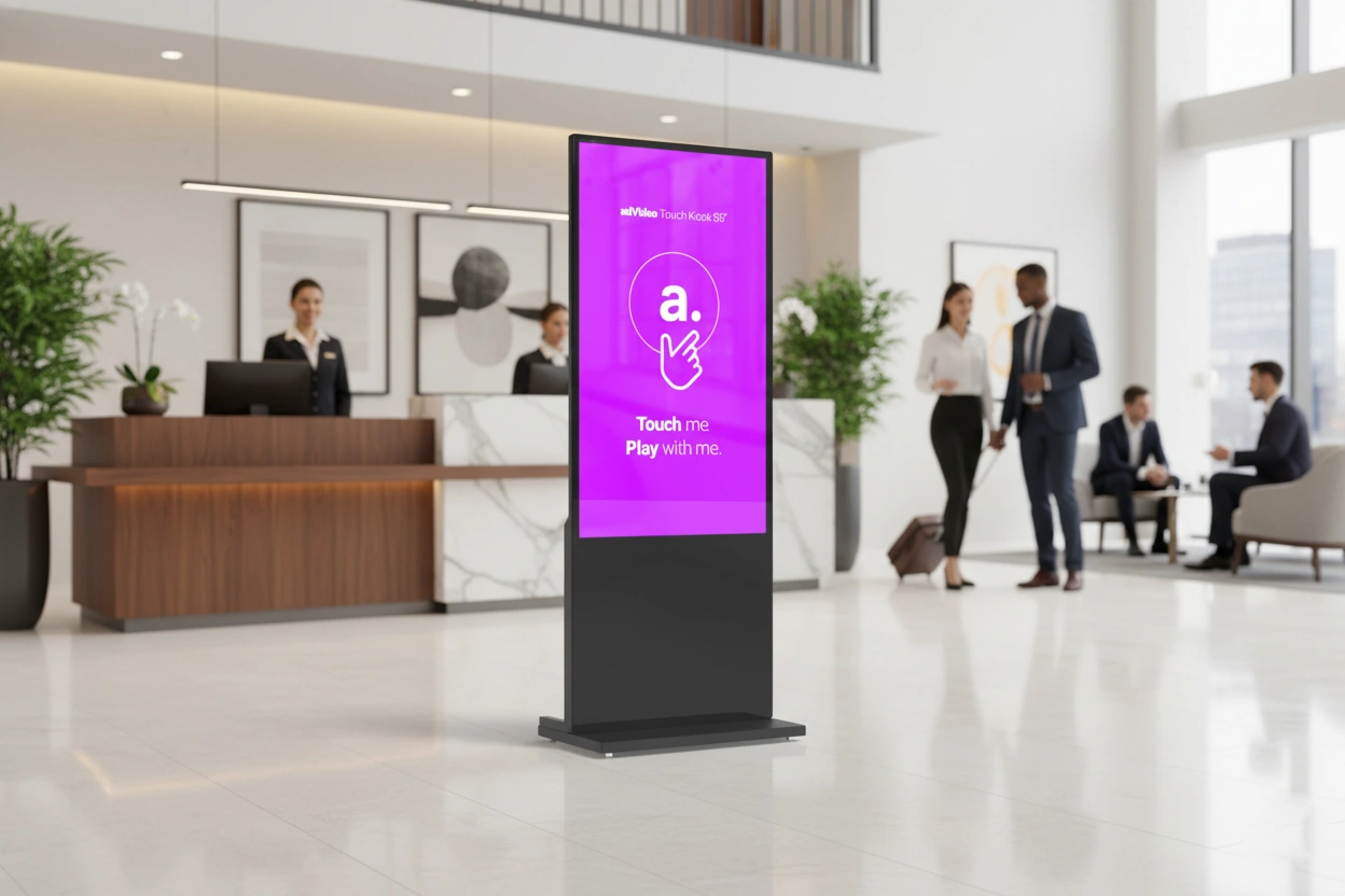 Infokiosk stojący w nowoczesnym lobby hotelowym, wyświetlający interaktywny ekran powitalny.