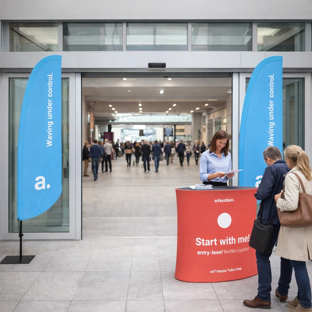 Kobieta przy trybunce rejestracyjnej zapisująca uczestników przed wejściem na targi, dwie flagi reklamowe po obu stronach drzwi wejściowych do hali wystawienniczej.