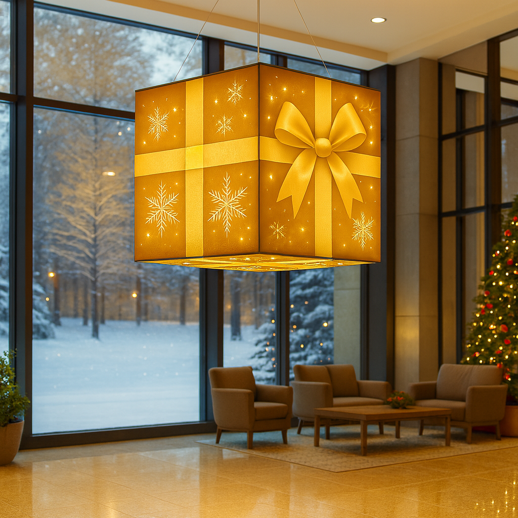 Wiszący podświetlany sześcian w formie prezentu świątecznego w hotelowym lobby, z zimowym krajobrazem za przeszkloną ścianą.
