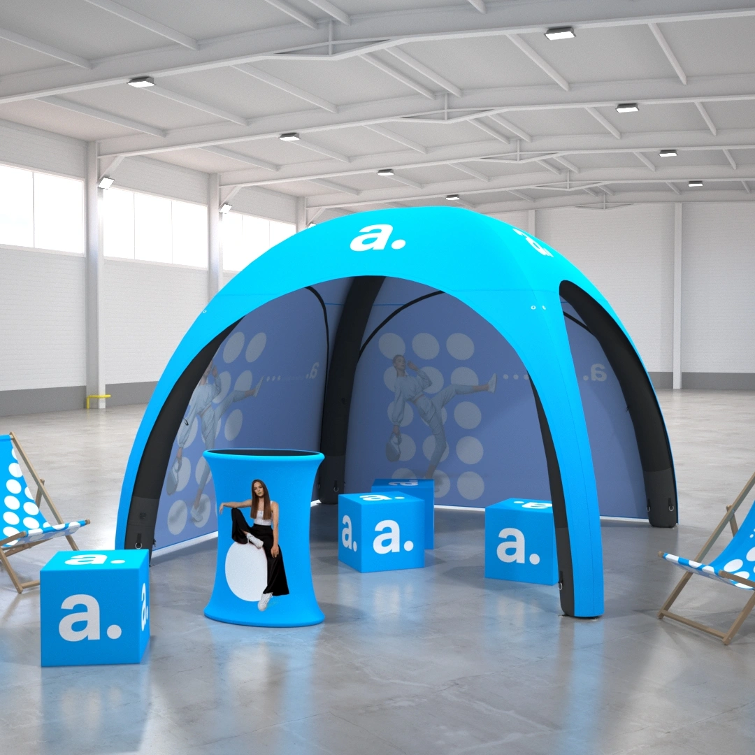 Carpa neumática Air Premium en set con mobiliario publicitario