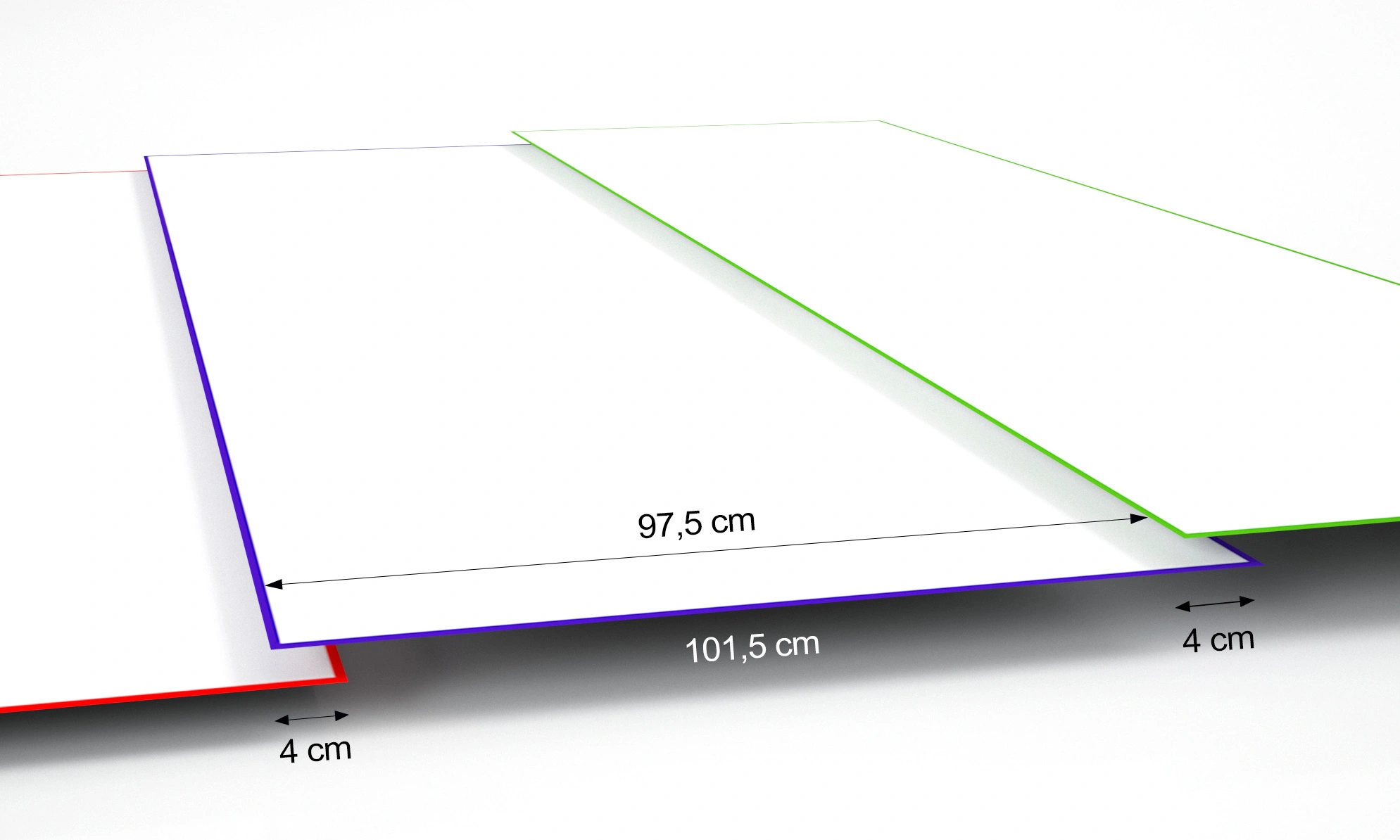 Schemat przygotowania plików pasowanych do druku, pokazujący podział grafiki na fragmenty z zachowaniem 4 cm obszaru wspólnego i wymiarami 101,5 cm oraz 97,5 cm.