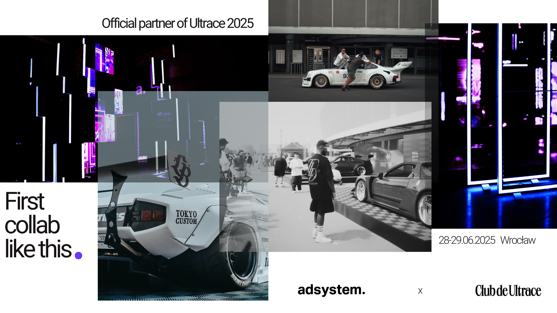 Visual collage announcing the official partnership between adsystem and Club de Ultrace for Ultrace 2025. The image features custom cars, exhibition lighting systems, and the event date and location: June 28–29, 2025, in Wrocław.