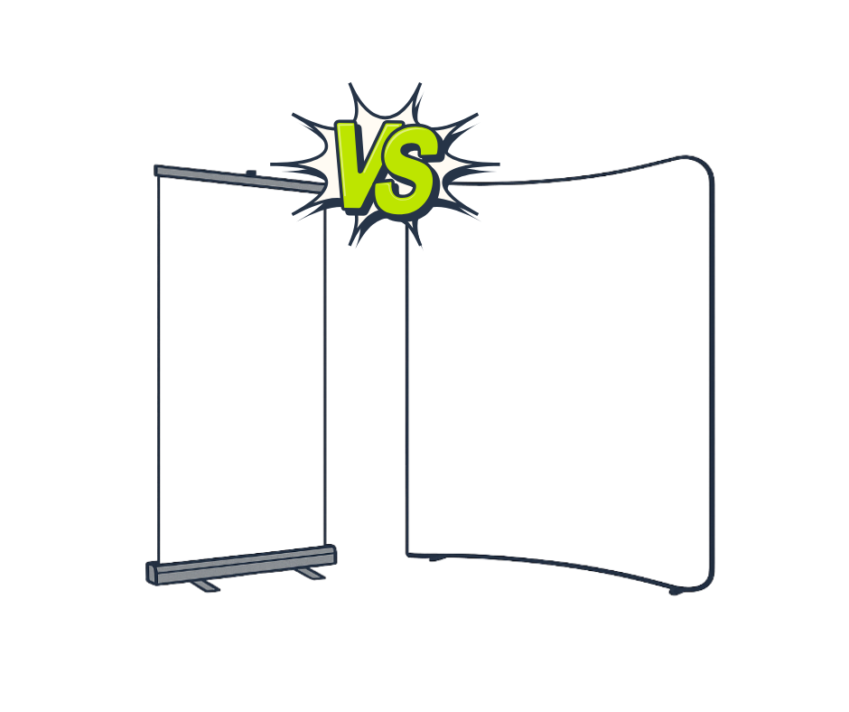Ilustracja porownujaca roll-up i scianke reklamowa – wizualne zestawienie dwoch systemow wystawienniczych z napisem VS posrodku.