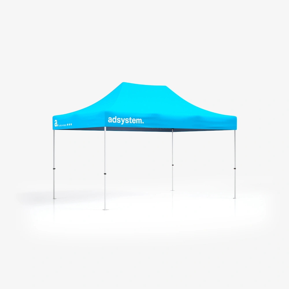 Namiot ekspresowy 3×4 m z niebieskim dachem i białym logo adsystem – lekka, mobilna konstrukcja do użytku eventowego.
