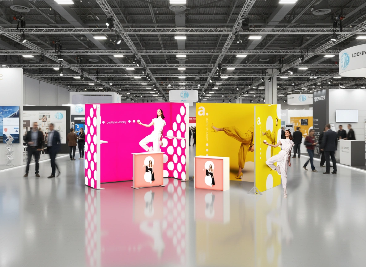 Kolorowe stoisko targowe z różowymi i żółtymi ściankami oraz podświetlanymi trybunkami, przy których pozują osoby prezentujące ofertę.