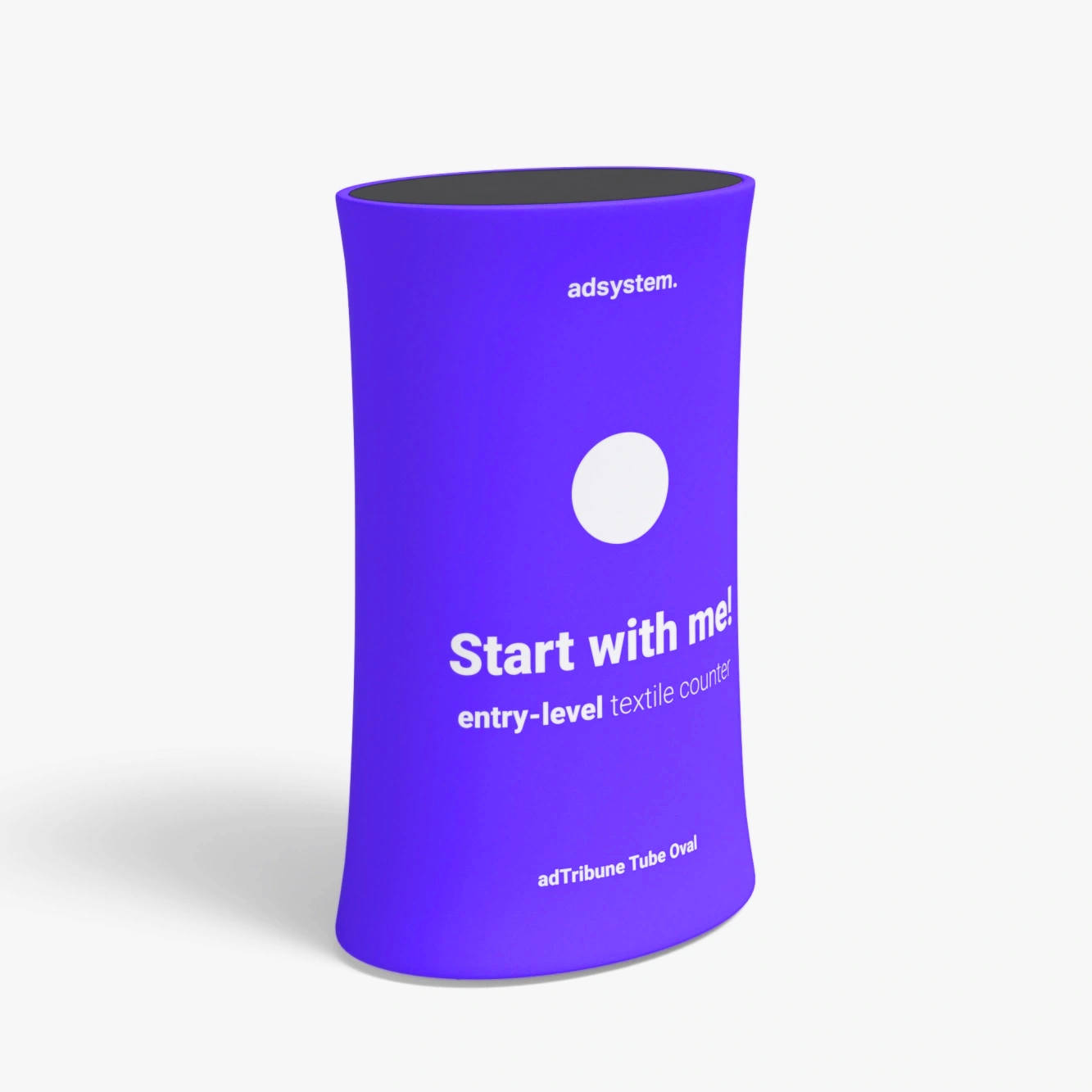 Tekstylna trybunka eventowa adTribune Tube Oval, kompaktowy model startowy z elastycznym nadrukiem, idealny na pierwszy kontakt z klientem podczas eventów i targów.